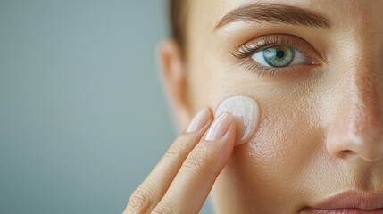 Woman applying skincare product on her face with a cotton pad.