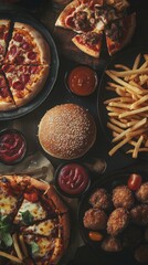 Celebrate Greasy Food Day with a mouthwatering real picture showcasing a variety of indulgent, crispy comfort foods like fries, burgers, and pizza