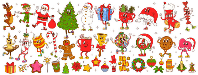 Cartoon groovy funny Christmas characters for winter holidays, vector icons. Groovy Santa with Christmas tree and New Year gifts, Ho Ho Ho and cookie with funky snowman character in retro cartoon © Vector Tradition