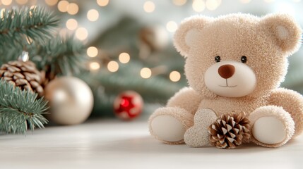 Cute teddy bear with pine cone, soft focus Christmas background.