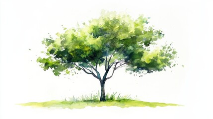 A vibrant watercolor depiction of a tree with lush green foliage standing on a simple grassy area under bright light