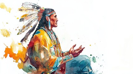 Fototapeta premium A Native American man sits in contemplation with colorful patterns surrounding him in a vibrant watercolor interpretation