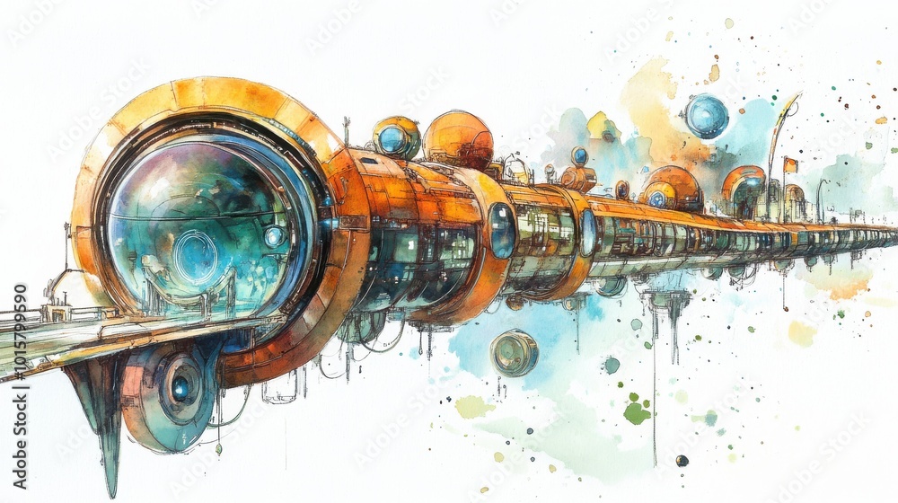 Poster futuristic space station with vibrant orange design and celestial elements, showcasing advanced tech