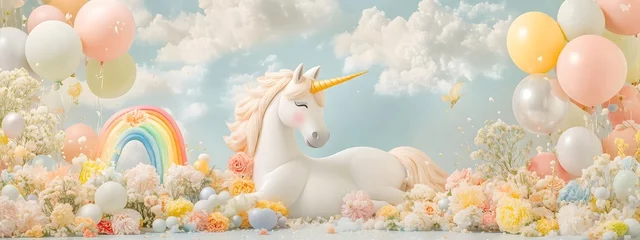 Wandcirkels Eenhoorn Colorful unicorn with vibrant rainbow, balloons, and flowers in a whimsical scene , background with a copy space area. Background pink image for holiday. For design blog, linkedin, cover  © NN AI