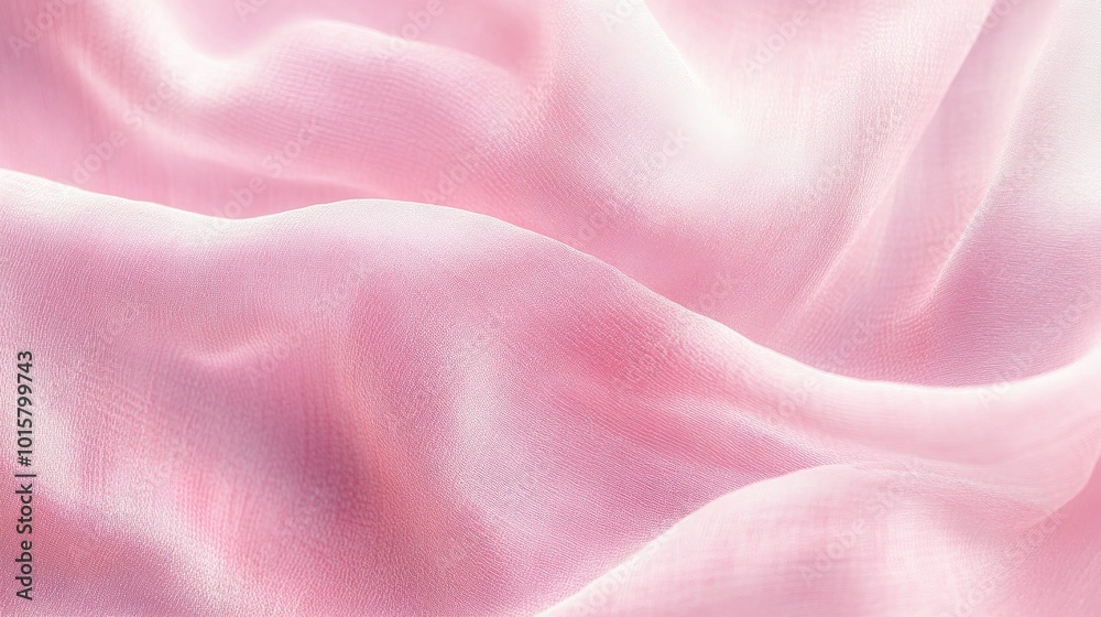 Poster soft pink silk fabric flowing elegantly, creating gentle waves and smooth textures in natural light