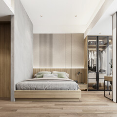 Fototapeta premium Compact apartment bedroom rendering with neutral tone.