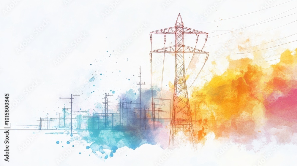 Poster colorful abstract illustration of a powerline structure with vibrant splashes representing energy an