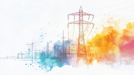 Colorful abstract illustration of a powerline structure with vibrant splashes representing energy and technology concepts