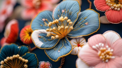 Colorful 3D embroidered flowers with golden stamens, styled in a Japanese design. 