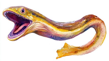 A vibrant watercolor illustration of a unique eel species showcasing its long, slender body and open mouth, emphasizing its distinct features