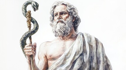 Ancient Greek healer holding a staff entwined with a serpent in a classical setting, conveying wisdom and healing practices from antiquity