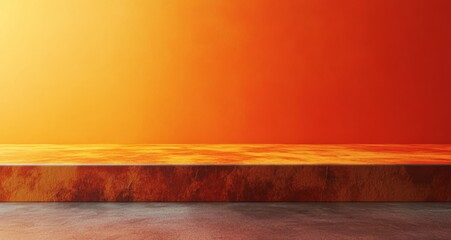 An orange gradient background with a tabletop in the foreground, creating an empty space for product display or presentation design 