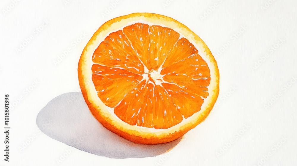 Poster a vibrant orange slice with detailed texture and shadow resting on a white surface, showcasing fresh