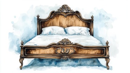 A wooden vintage bed with ornate carvings and white bedding set against a soft blue background in a cozy interior setting
