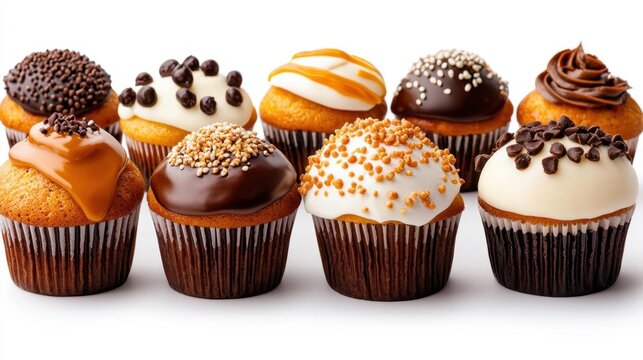 A photostock image of fresh baked muffins with various toppings on a clean white background
