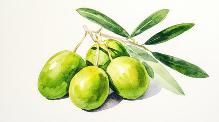 Freshly harvested green olives with leaves illustrated in vibrant watercolors on a clean background - Powered by Adobe