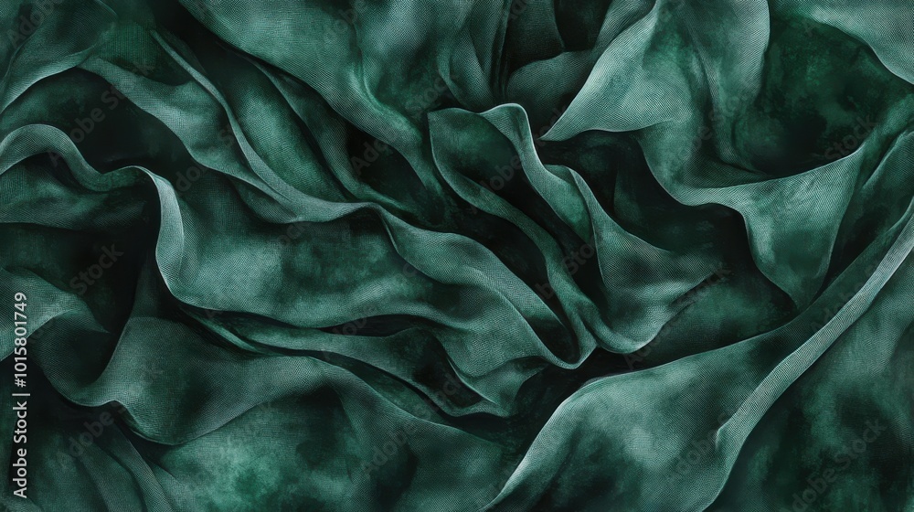 Poster abstract green fabric texture showcasing elegant folds and layers in soft light, creating a serene a
