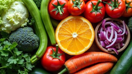 A chopped orange in the middle and a set of vegetables, including broccoli, carrots, celery, tomatoes, etc.