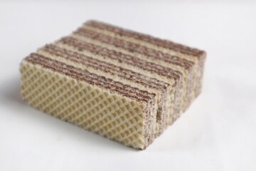 Chocolate flavored wafer biscuits, isolated on a white background.