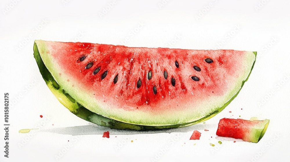 Poster a fresh watermelon slice with vibrant red flesh and green rind displayed on a white background invit