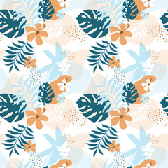 Tropical aesthetic Plumeria flowers and leaves, seamless pattern. Texture template with blooms from exotic forest. Design for fashion, fabric, textile, wallpaper,