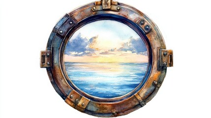 Obraz premium A porthole view overlooking a serene ocean landscape at sunrise with soft clouds lining the horizon