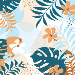 Fototapeta premium Tropical aesthetic banner with Plumeria flowers and leaves. Background template with blooms from exotic forest. Design for fashion, fabric, textile, wallpaper, cover and prints