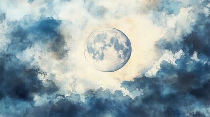 A luminous full moon shines through swirling blue and gray clouds in a serene night sky over a tranquil landscape