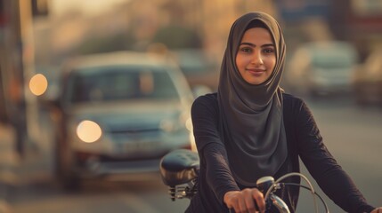 A woman wearing a black hijab is riding a bicycle on a street