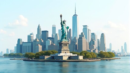 Obraz premium the statue of liberty is in front of a city.