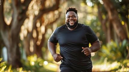 Obraz premium A man is running in a forest with a big smile on his face