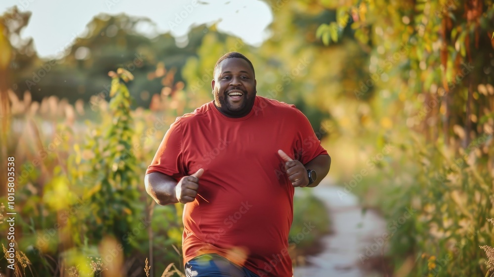 Aufkleber a man in a red shirt is running through a field of grass
