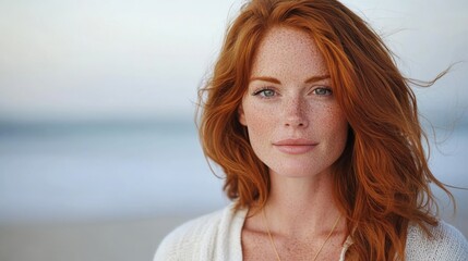 A woman with red hair and freckles poses outdoors by the beach during sunset, showcasing her natural beauty and confidence