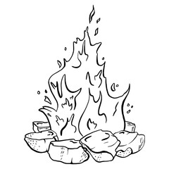 A Simple, Elegant Outline Design of a Campfire Surrounded by Rocks for Your Enjoyment. Vector sketch illustration. 
