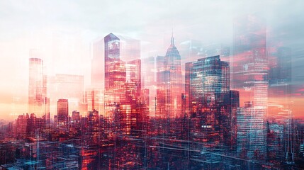 A futuristic city skyline merged with architectural blueprints and digital construction designs, creating a double exposure effect