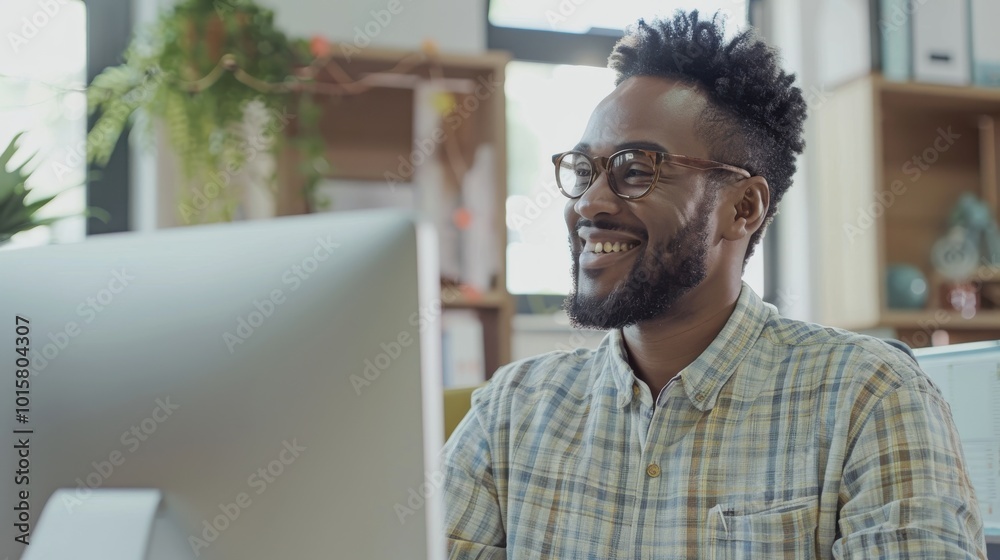 Aufkleber A man with glasses and a beard is smiling at a computer monitor