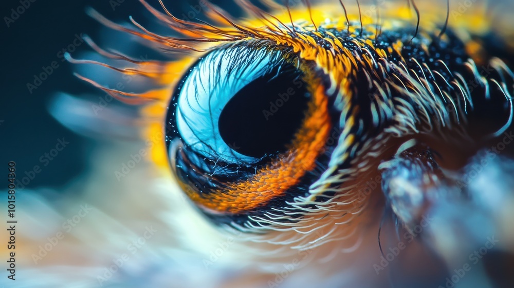 Poster close-up view of a colorful insect eye highlighting intricate details and vibrant colors in nature's