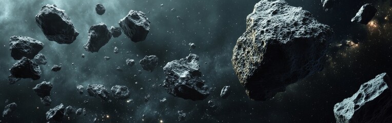 A field of asteroids drifting in the depths of space surrounded by stars and cosmic dust