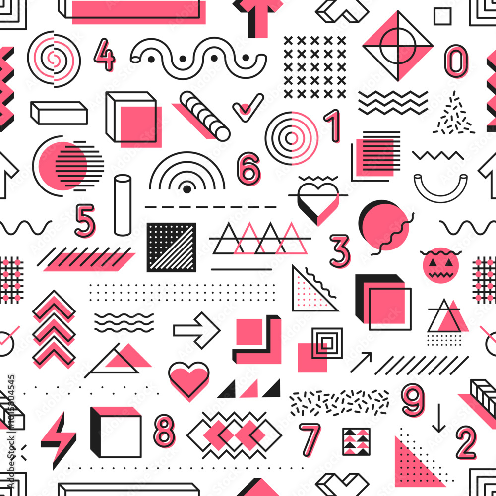 Poster Abstract Memphis geometric shapes seamless pattern background, vector tile. Modern or retro hipster Memphis pattern of minimal geometric figures, numbers and halftone isometric elements for background