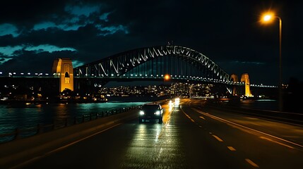 Obraz premium 42. A dramatic steel arch bridge illuminated at night