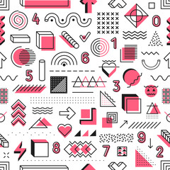 Abstract Memphis geometric shapes seamless pattern background, vector tile. Modern or retro hipster Memphis pattern of minimal geometric figures, numbers and halftone isometric elements for background