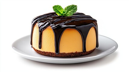 A photostock images of a decadent dessert topped with chocolate sauce on a clean white background