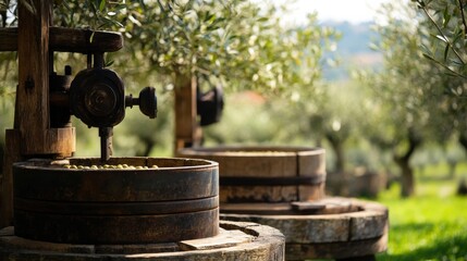 Traditional olive oil production at an Italian farm surrounded by lush olive trees in the late afternoon sunlight