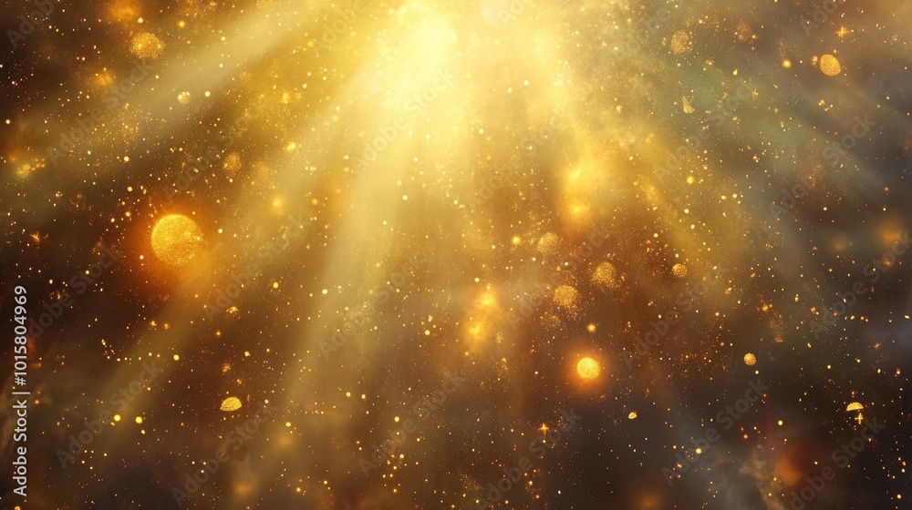 Poster Bright golden cosmic light illuminating dazzling particles in a vast dark space, creating a magical celestial atmosphere