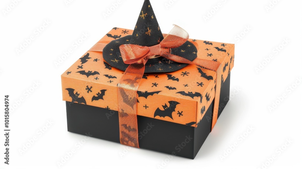 Poster a box with a black and orange hat on top of it