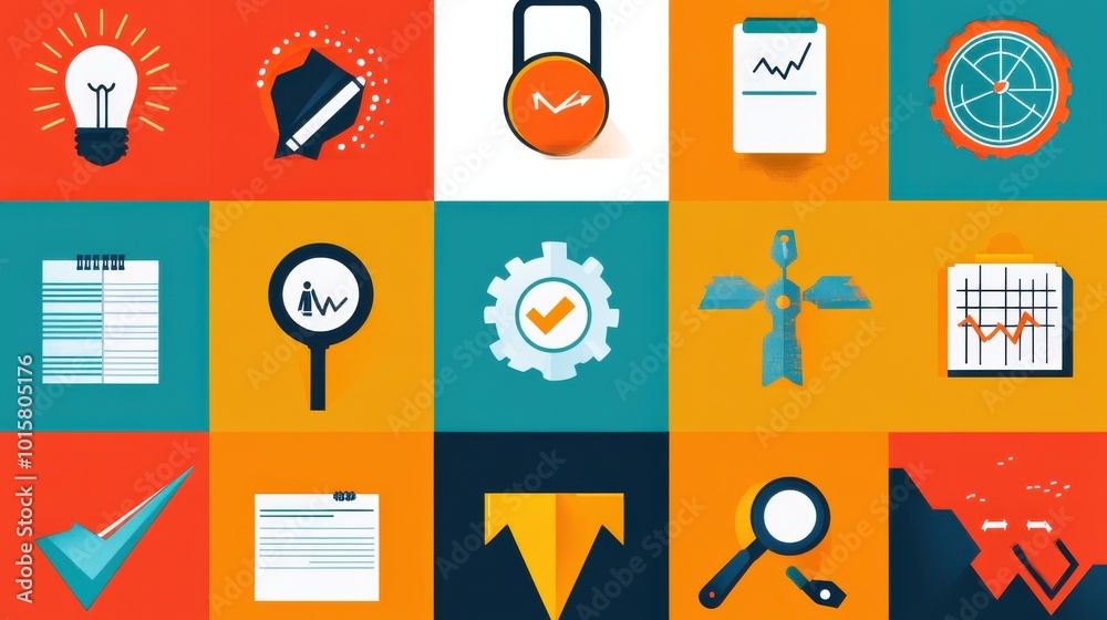 Aufkleber a vibrant collection of creative icons representing productivity, innovation, and analysis in a mode