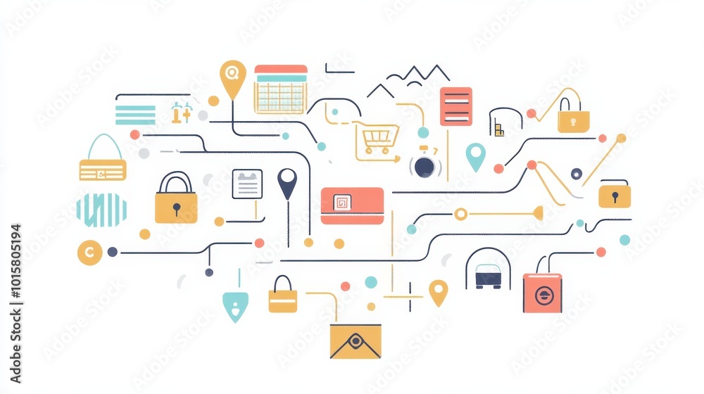 Fototapete Colorful digital icons representing technology, security, and data management interconnected in an abstract design on a white background