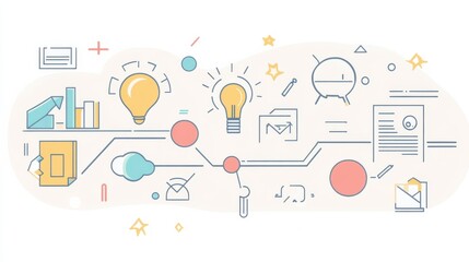 Creative brainstorming process with light bulbs, charts, and abstract elements illustrating innovative ideas and planning