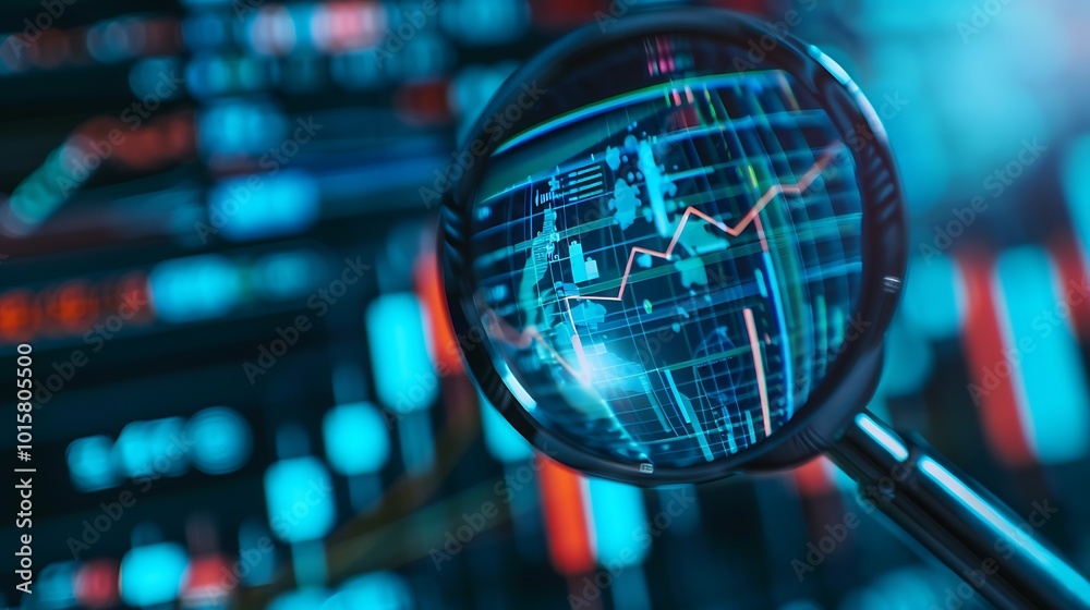 Poster magnifying glass is placed over a computer screen displaying financial charts and graphs. the image 