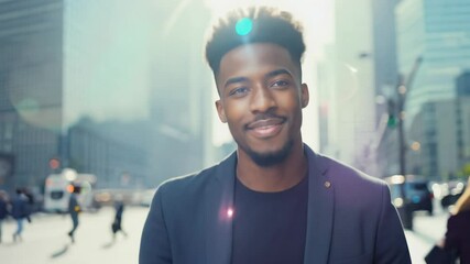 A confident young black male entrepreneur walks along a city sidewalk, the camera slowly zooming in with soft lighting.
